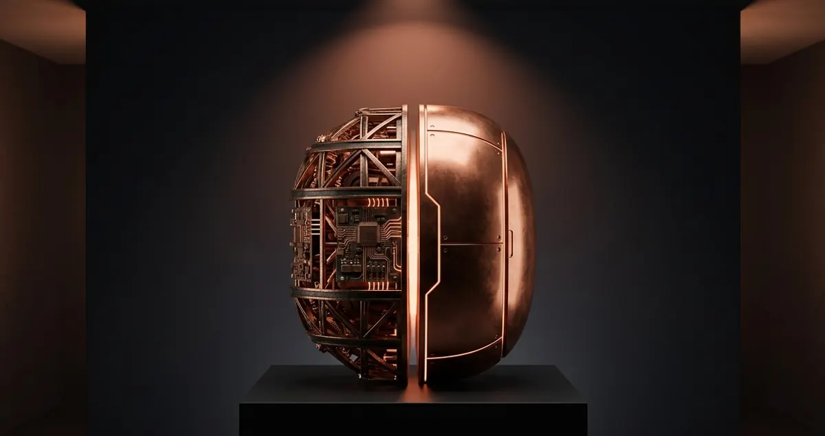 Balanced scale with a custom-built scaffolded module on one side and a polished pre-assembled module with copper accents on the other — build vs buy SaaS decision framework