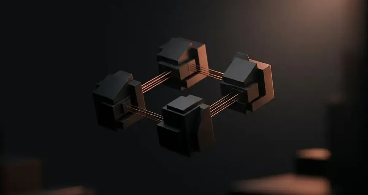 Three interconnected matte black architectural modules with copper filaments — a software development agency as a coordinated build team