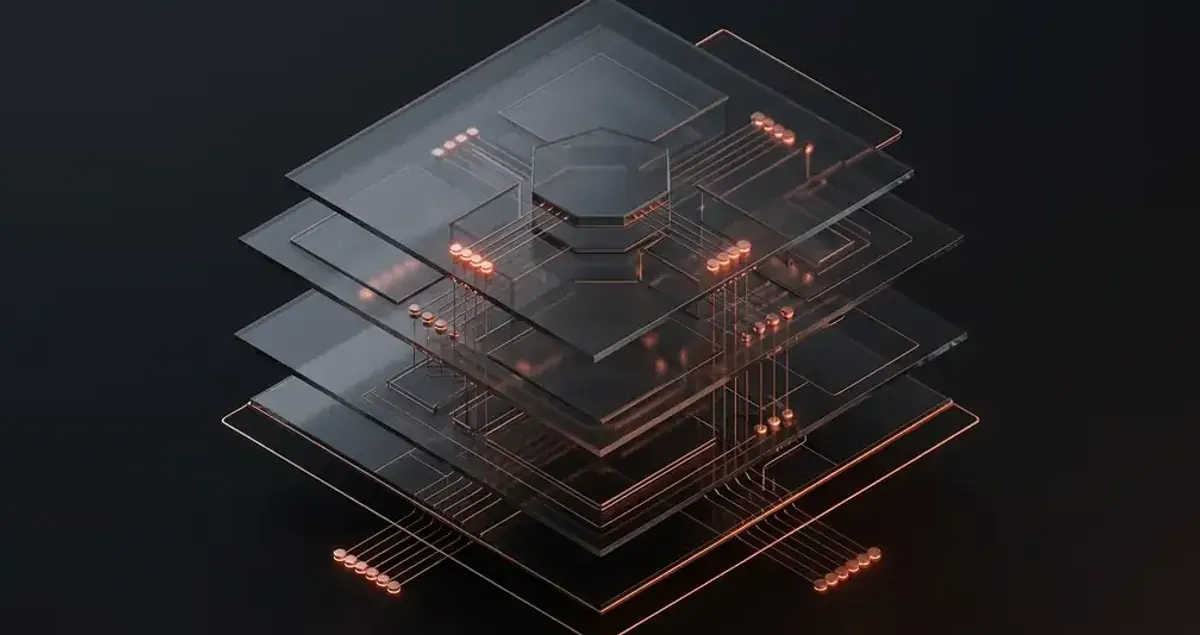 Exploded isometric blueprint of a layered system with copper-glowing connection nodes — software architecture as structural decisions before code