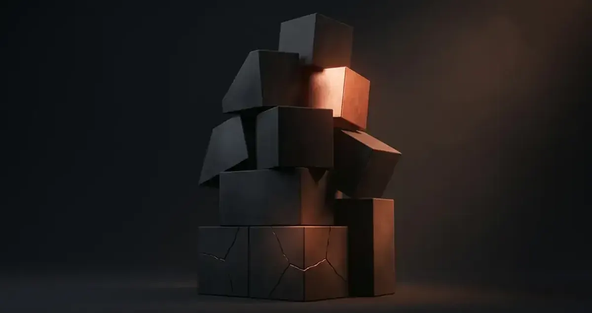 Precarious stack of matte black blocks with one glowing copper from within — technical debt as the hidden cost accumulating beneath shipped code